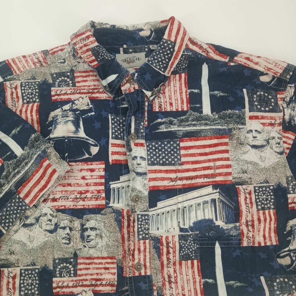 American Legacy Mens XL Patriotic American Flag Liberty Bell Button Down Shirt